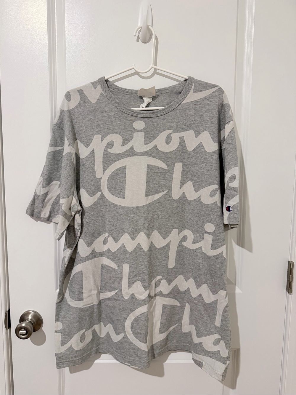 Champion Gray Tee with White All-Over Logo Print - Picture 1 of 3